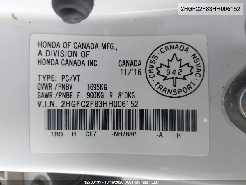 2017 HONDA CIVIC VIN 2HGFC2F83HH006152 — фото 10