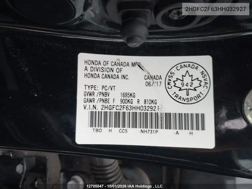 2017 HONDA CIVIC VIN 2HGFC2F63HH032927 — фото 9