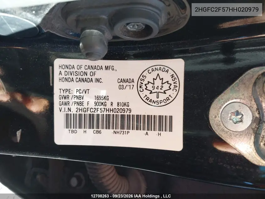 2017 HONDA CIVIC VIN 2HGFC2F57HH020979 — фото 18