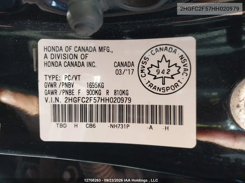 2017 HONDA CIVIC VIN 2HGFC2F57HH020979 — фото 9