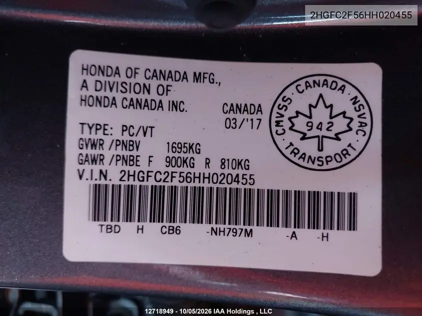 2017 HONDA CIVIC VIN 2HGFC2F56HH020455 — фото 19