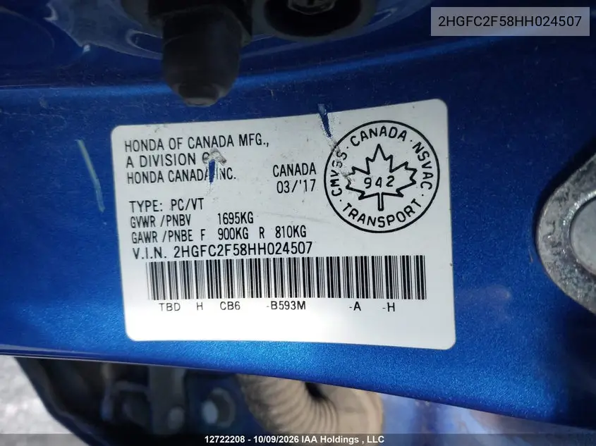 2017 HONDA CIVIC VIN 2HGFC2F58HH024507 — фото 9