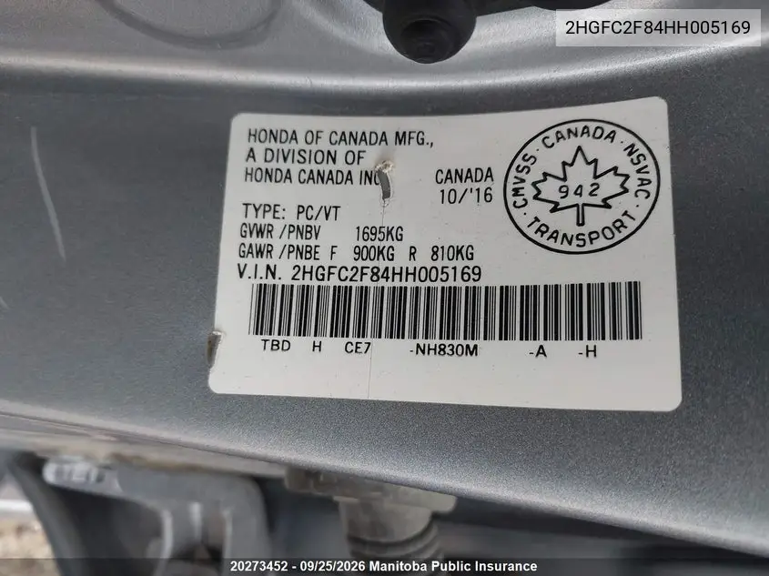 2017 HONDA CIVIC VIN 2HGFC2F84HH005169 — фото 10
