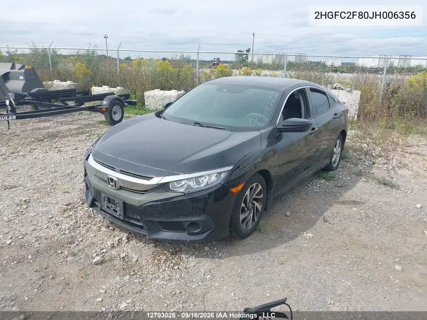 2018 HONDA CIVIC VIN 2HGFC2F80JH006356 — фото 2