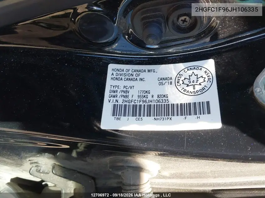 2018 HONDA CIVIC VIN 2HGFC1F96JH106335 — фото 21