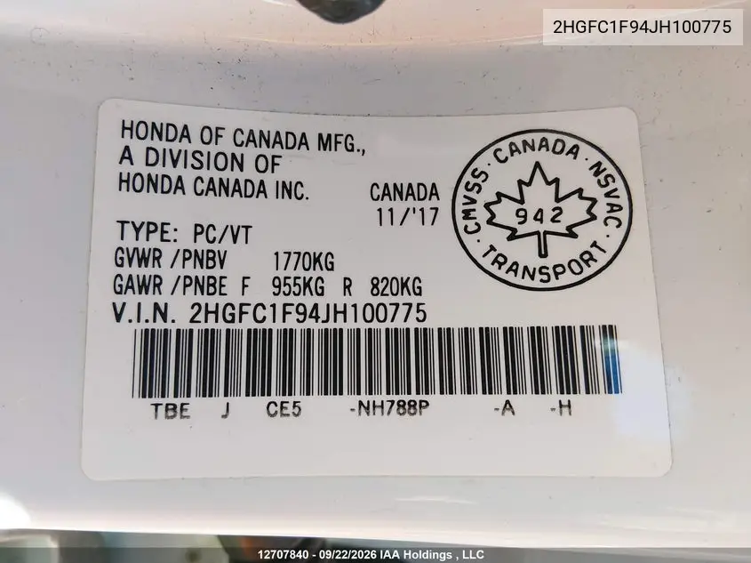 2018 HONDA CIVIC VIN 2HGFC1F94JH100775 — фото 21