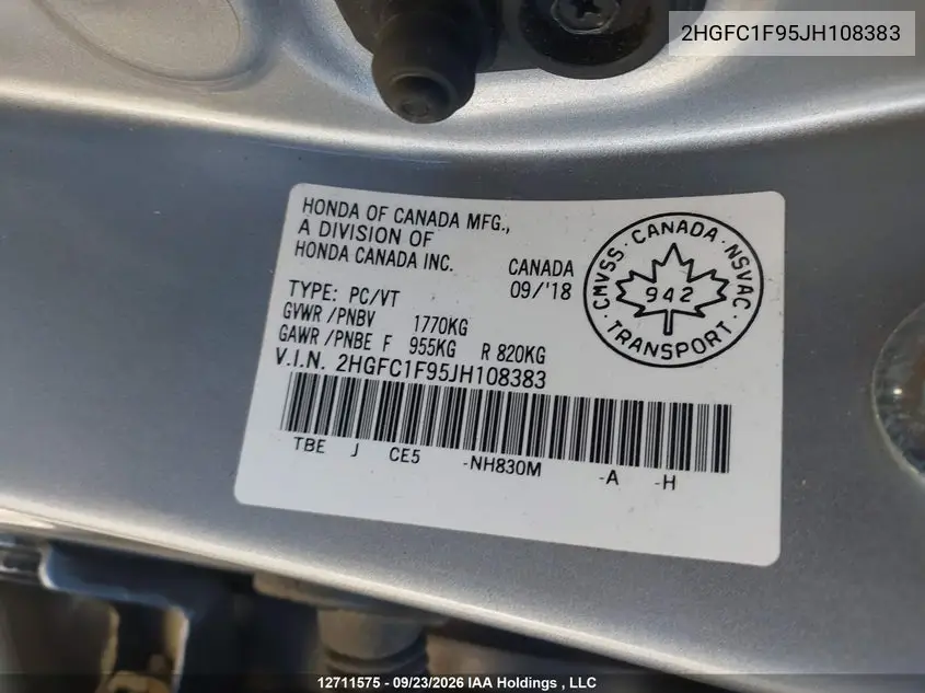2018 HONDA CIVIC VIN 2HGFC1F95JH108383 — фото 9