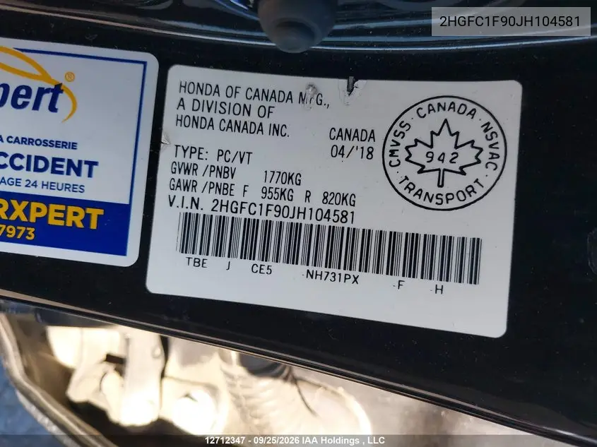 2018 HONDA CIVIC VIN 2HGFC1F90JH104581 — фото 18
