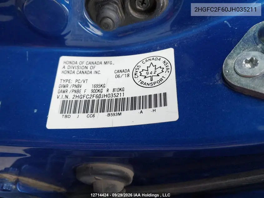 2018 HONDA CIVIC VIN 2HGFC2F60JH035211 — фото 19