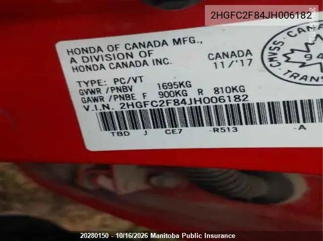 2018 HONDA CIVIC VIN 2HGFC2F84JH006182 — фото 9