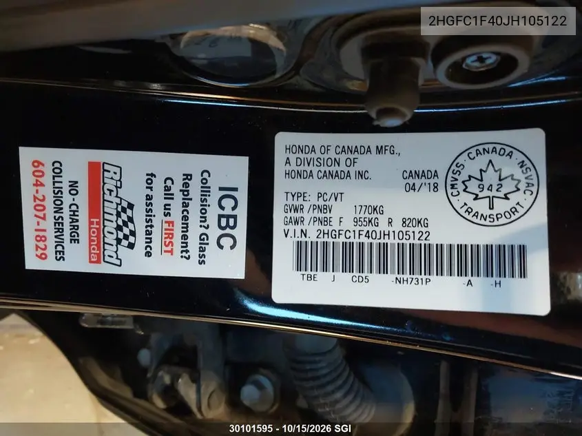 HONDA CIVIC 2018, VIN 2HGFC1F40JH105122