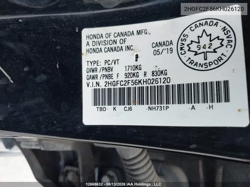 2019 HONDA CIVIC VIN 2HGFC2F56KH026120 — фото 20