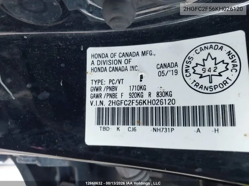 2019 HONDA CIVIC VIN 2HGFC2F56KH026120 — фото 9