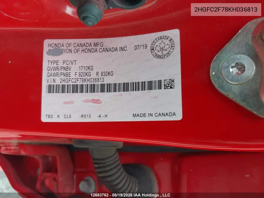 2019 HONDA CIVIC VIN 2HGFC2F78KH036813 — фото 9