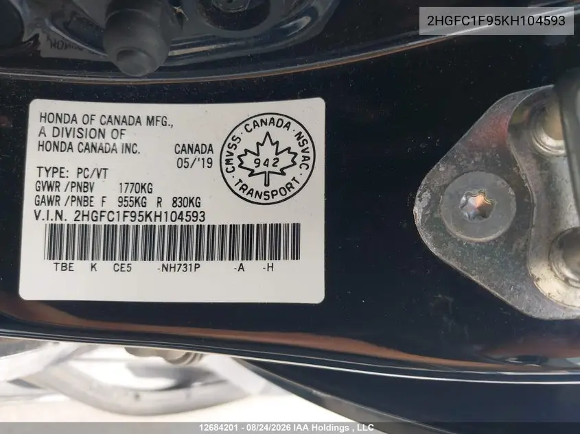 2019 HONDA CIVIC VIN 2HGFC1F95KH104593 — фото 18