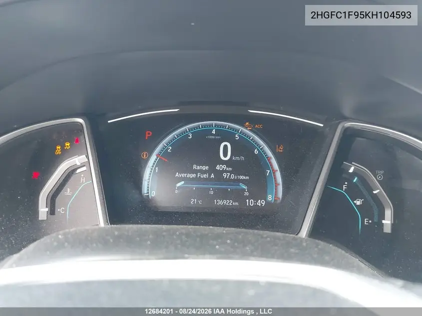 2019 HONDA CIVIC VIN 2HGFC1F95KH104593 — фото 7