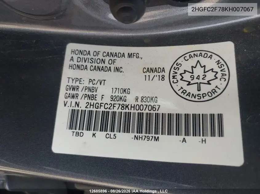 2019 HONDA CIVIC VIN 2HGFC2F78KH007067 — фото 9