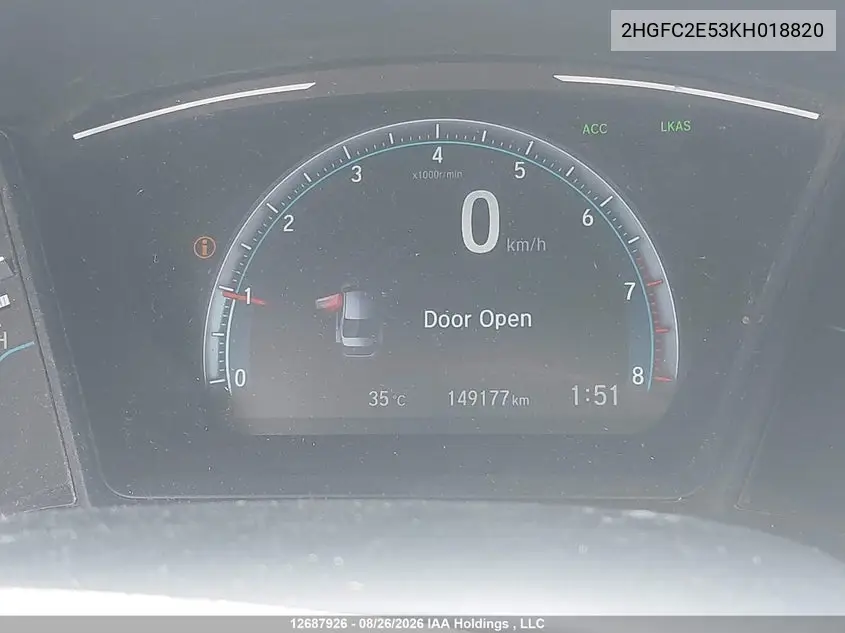 2019 HONDA CIVIC VIN 2HGFC2E53KH018820 — фото 15