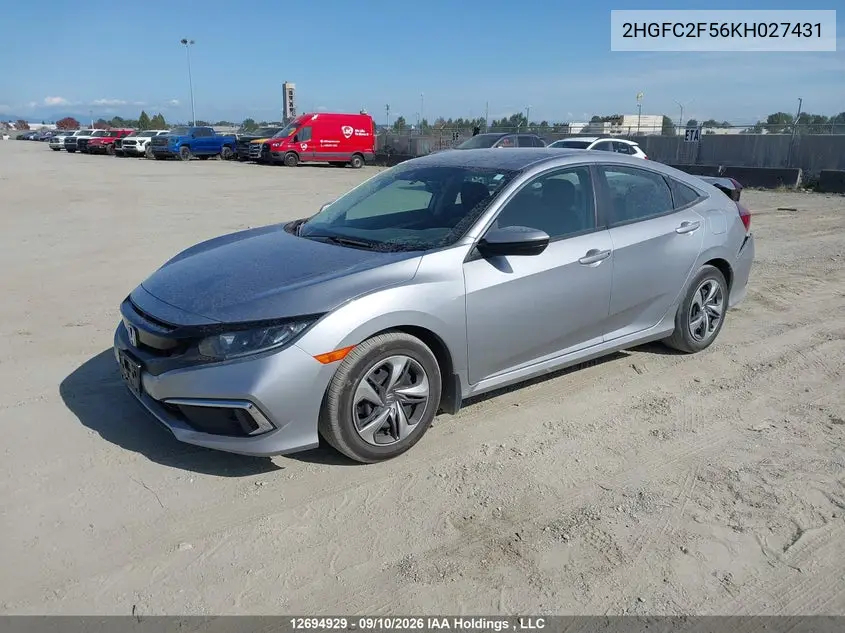 2019 HONDA CIVIC VIN 2HGFC2F56KH027431 — фото 2