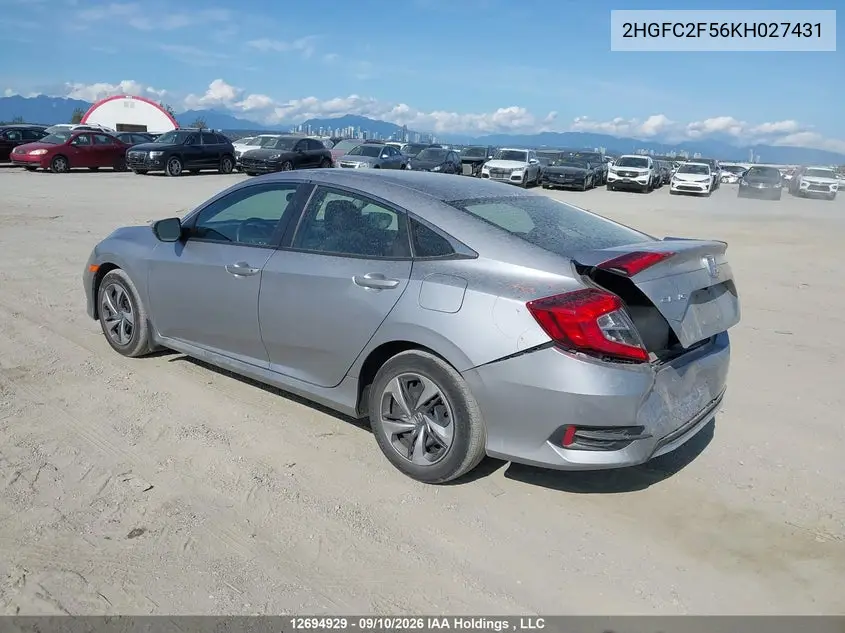 2019 HONDA CIVIC VIN 2HGFC2F56KH027431 — фото 3