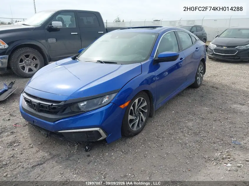 2019 HONDA CIVIC VIN 2HGFC2F74KH014288 — фото 2