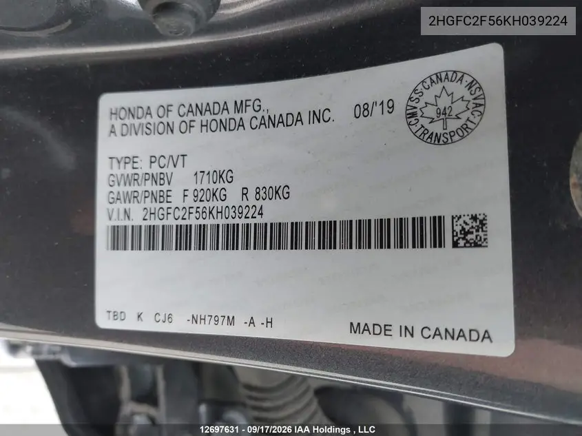 2019 HONDA CIVIC VIN 2HGFC2F56KH039224 — фото 9