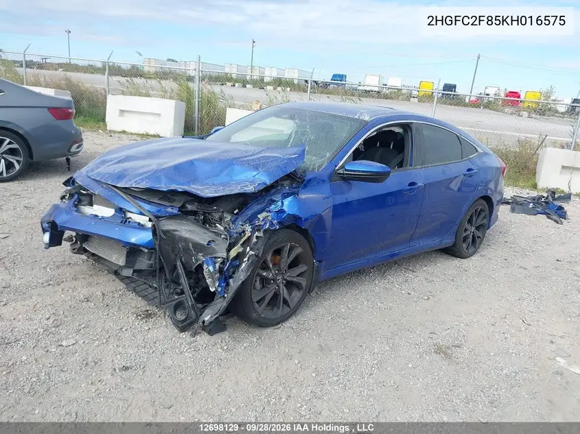 2019 HONDA CIVIC VIN 2HGFC2F85KH016575 — фото 2