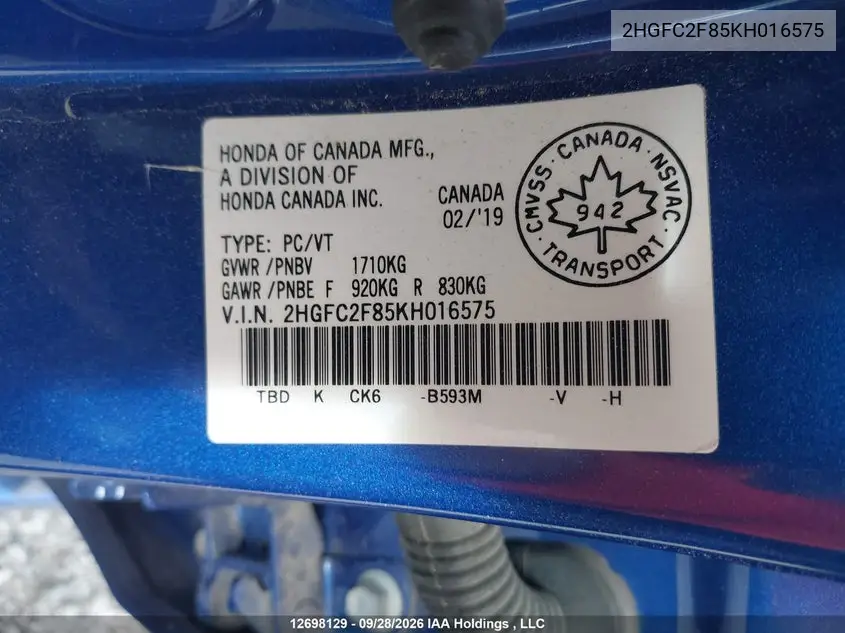 2019 HONDA CIVIC VIN 2HGFC2F85KH016575 — фото 9