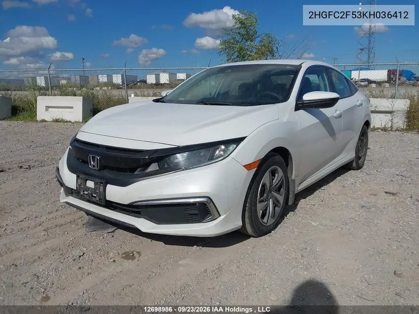 2019 HONDA CIVIC VIN 2HGFC2F53KH036412 — фото 2