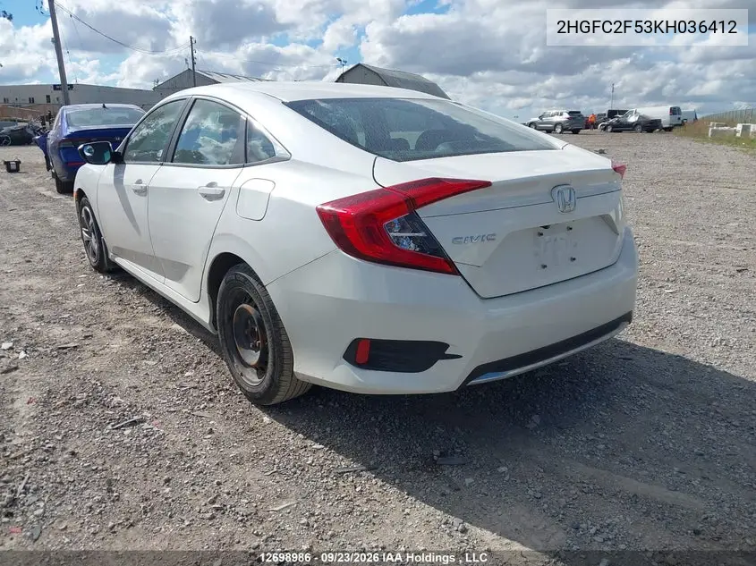 2019 HONDA CIVIC VIN 2HGFC2F53KH036412 — фото 3