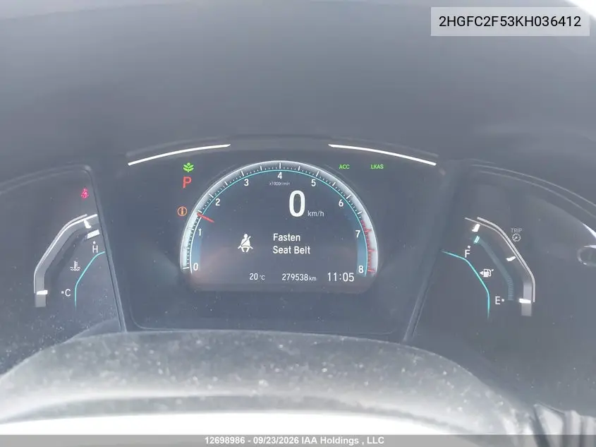 2019 HONDA CIVIC VIN 2HGFC2F53KH036412 — фото 7