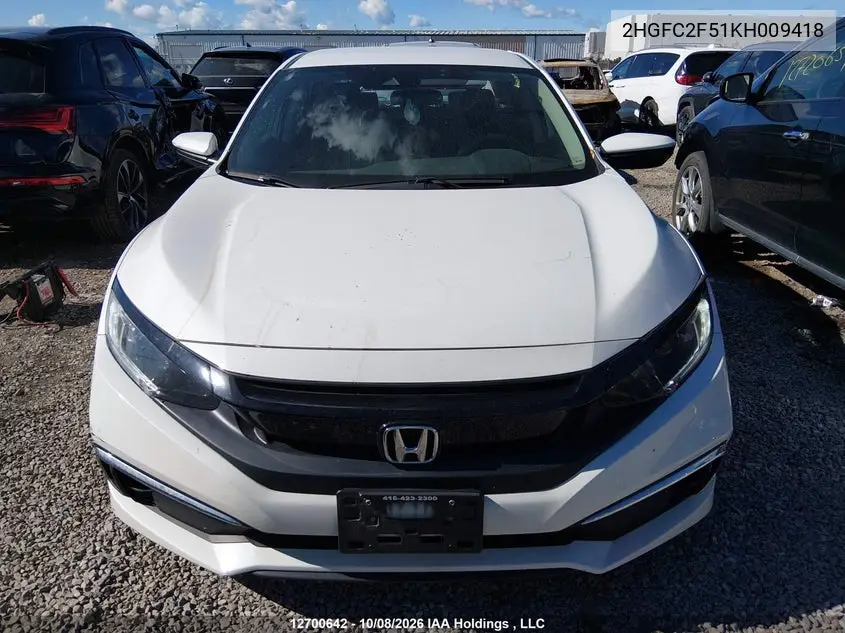 2019 HONDA CIVIC VIN 2HGFC2F51KH009418 — фото 12