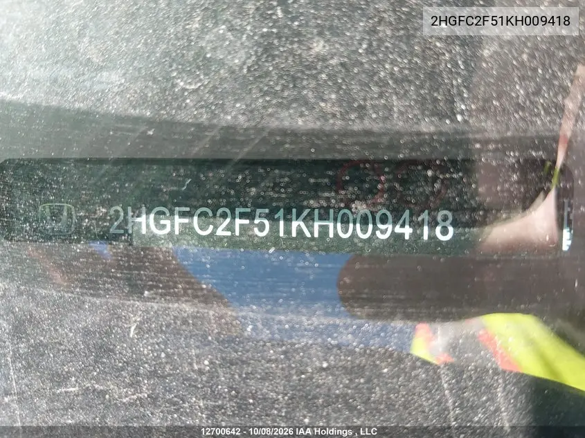 2019 HONDA CIVIC VIN 2HGFC2F51KH009418 — фото 18
