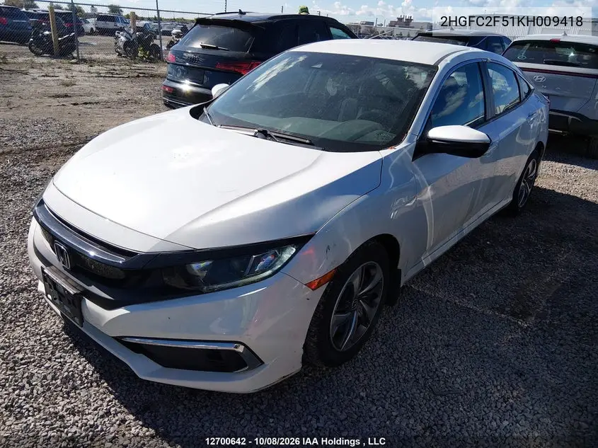 2019 HONDA CIVIC VIN 2HGFC2F51KH009418 — фото 2