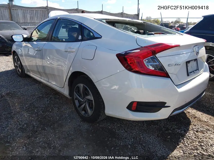 2019 HONDA CIVIC VIN 2HGFC2F51KH009418 — фото 3