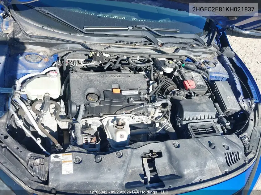 2019 HONDA CIVIC VIN 2HGFC2F81KH021837 — фото 10