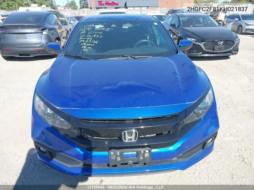 2019 HONDA CIVIC VIN 2HGFC2F81KH021837 — фото 12