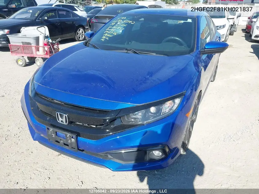 2019 HONDA CIVIC VIN 2HGFC2F81KH021837 — фото 2