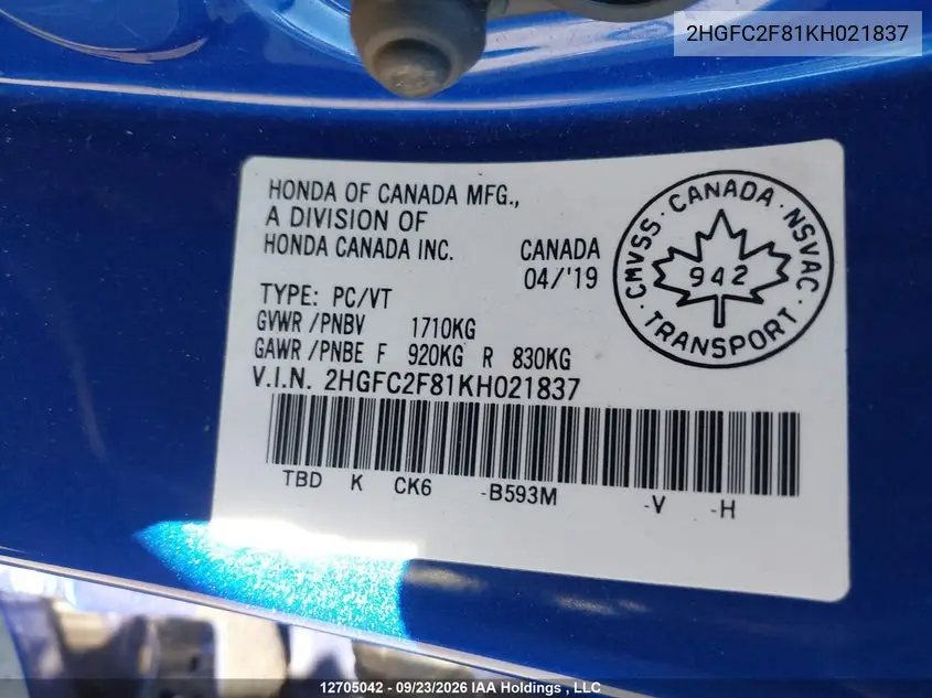 2019 HONDA CIVIC VIN 2HGFC2F81KH021837 — фото 9