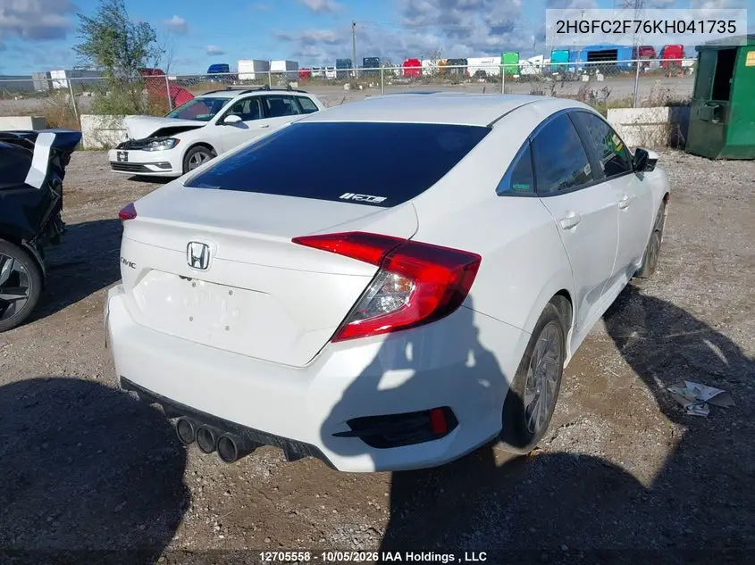 2019 HONDA CIVIC VIN 2HGFC2F76KH041735 — фото 4