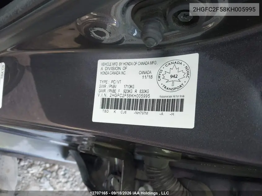 2019 HONDA CIVIC VIN 2HGFC2F58KH005995 — фото 9