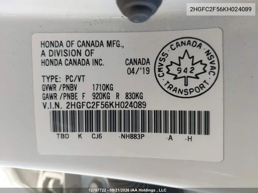 2019 HONDA CIVIC VIN 2HGFC2F56KH024089 — фото 18