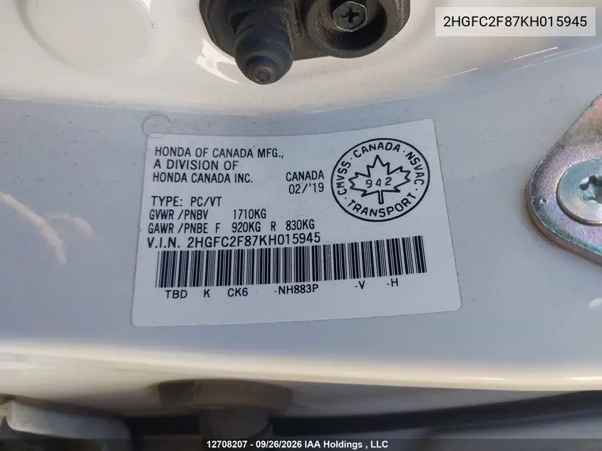2019 HONDA CIVIC VIN 2HGFC2F87KH015945 — фото 18