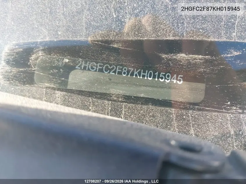 2019 HONDA CIVIC VIN 2HGFC2F87KH015945 — фото 19