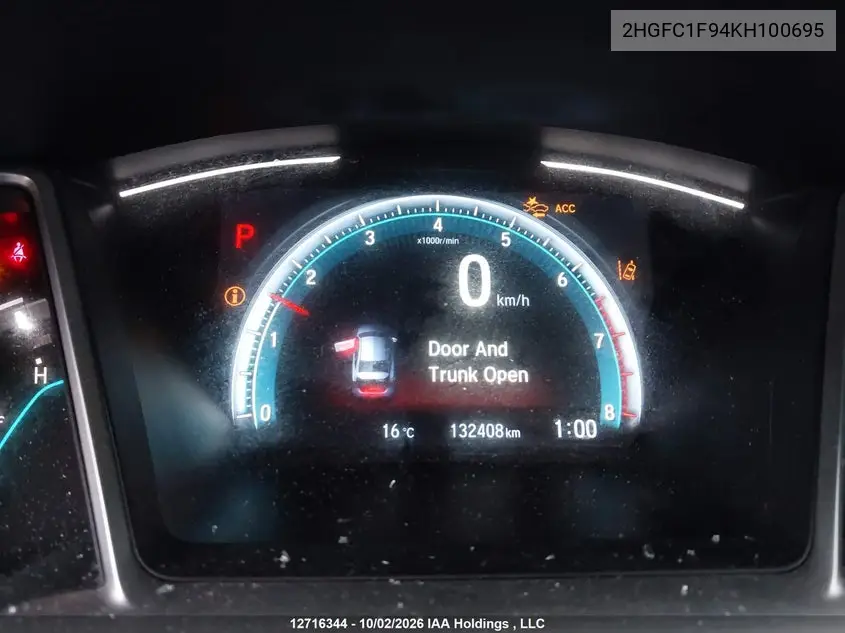 2019 HONDA CIVIC VIN 2HGFC1F94KH100695 — фото 16