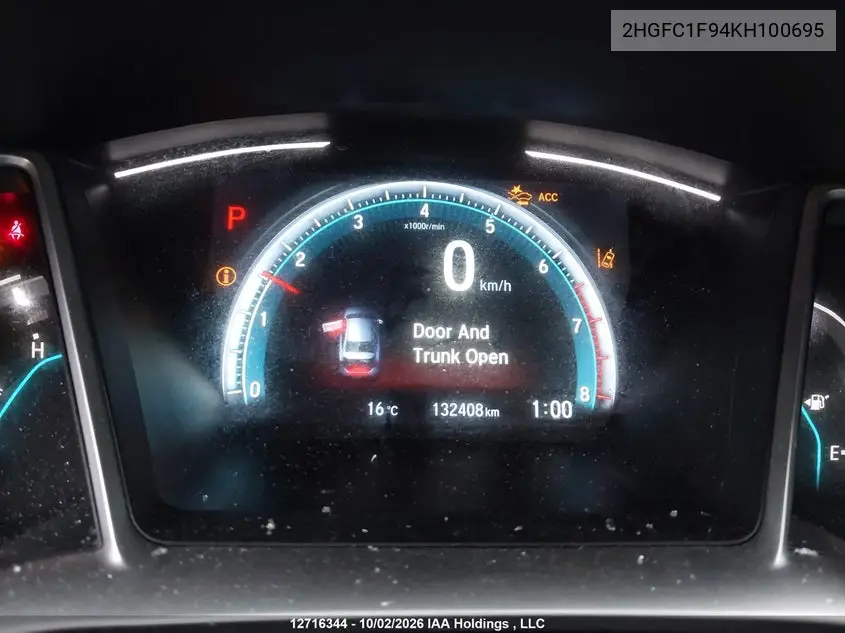 2019 HONDA CIVIC VIN 2HGFC1F94KH100695 — фото 8