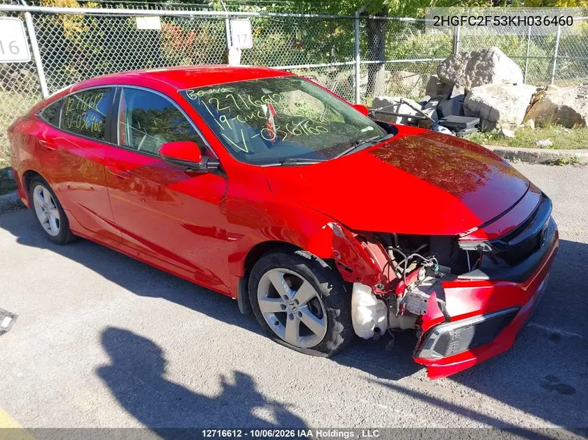 HONDA CIVIC 2019, VIN 2HGFC2F53KH036460