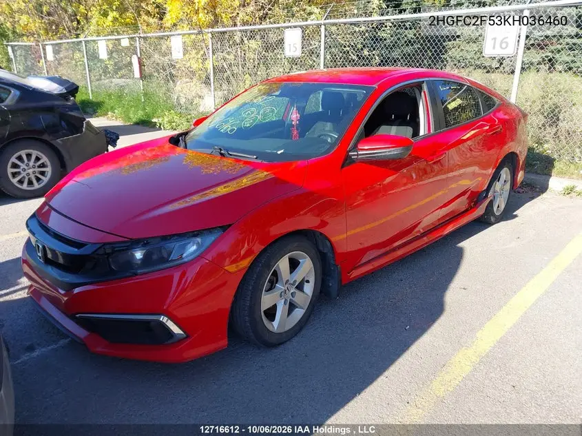 2019 HONDA CIVIC VIN 2HGFC2F53KH036460 — фото 2