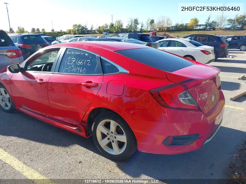 2019 HONDA CIVIC VIN 2HGFC2F53KH036460 — фото 3