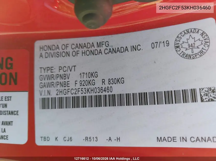 2019 HONDA CIVIC VIN 2HGFC2F53KH036460 — фото 9